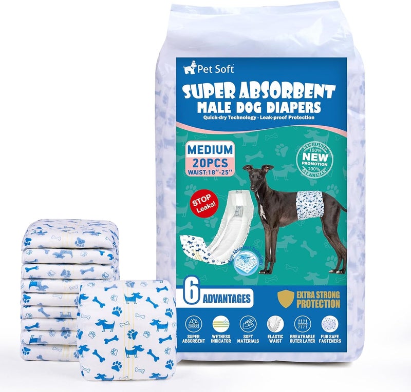 Pet Soft Male Dog Diapers - Disposable Male Dog Wraps Wetness Indicator, Puppy Diapers Male for Excitable Urination or Incontinence, 20pcs Medium - Image 1